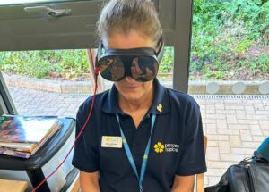 Alison, one of the Primrose Hospice nurses using a virtual reality headset.