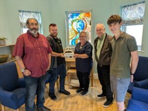 (left to right) Dr Vish Shingari, Charles Stone, Mel Vann-Blockley, Professor Bob Stone and Joseph Roberts at Primrose Hospice & Family Support Centre